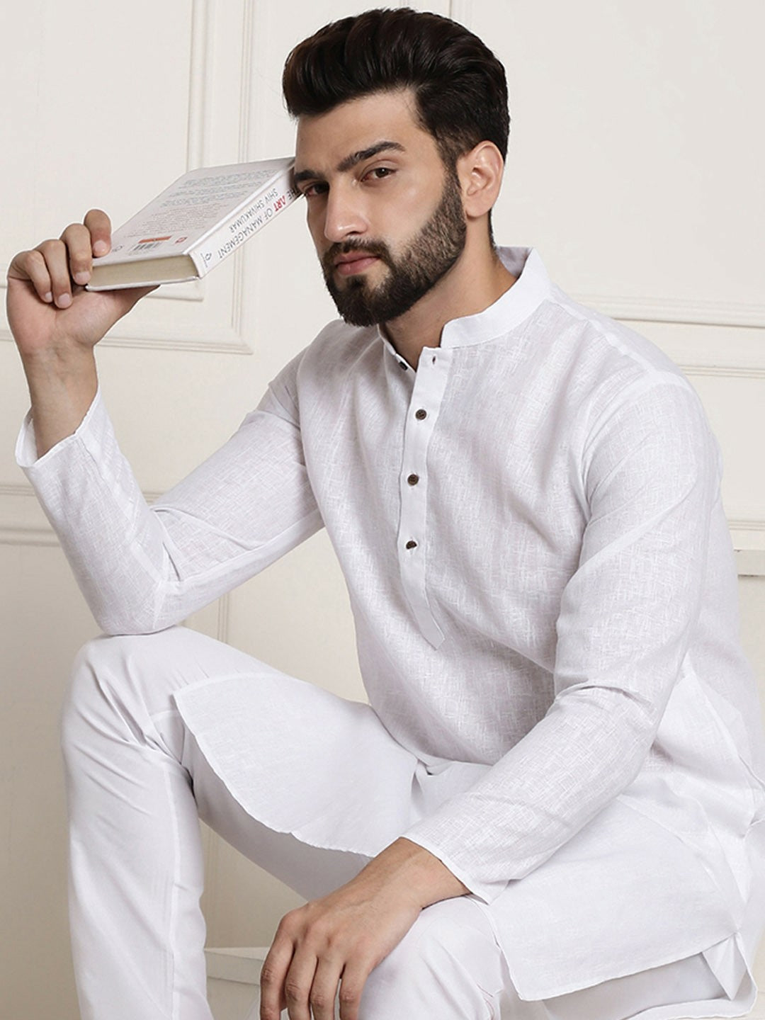 Men's White Checked Dobby Cotton Kurta – Mandarin Collar, Knee-Length, Regular Fit | Indiaista