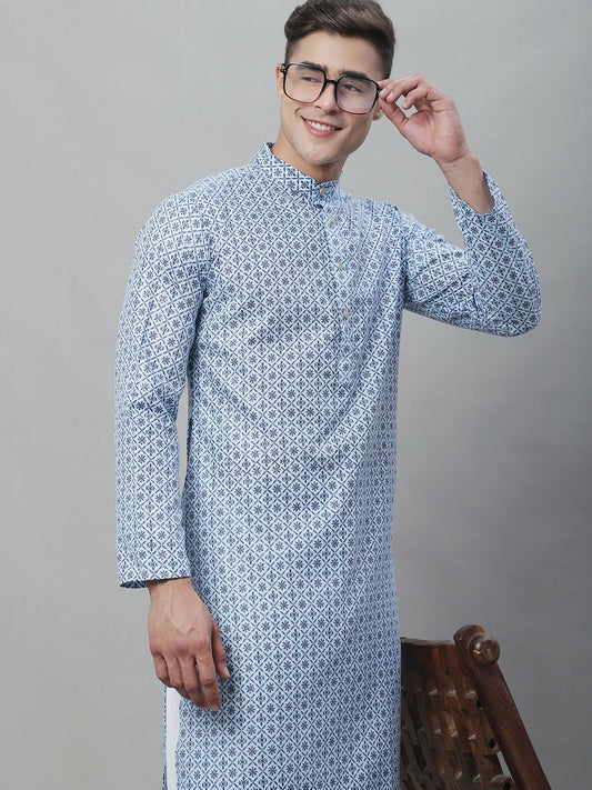 Blue Geometric Printed Cotton Linen Kurta for Men – Mandarin Collar, Knee Length, Regular Fit | Indiaista