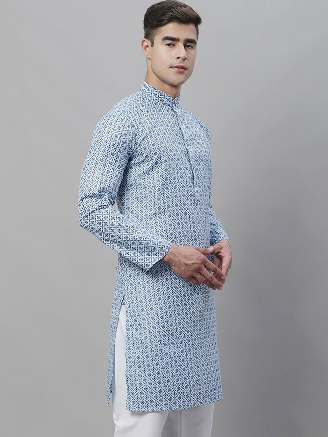 Blue Geometric Printed Cotton Linen Kurta for Men – Mandarin Collar, Knee Length, Regular Fit | Indiaista