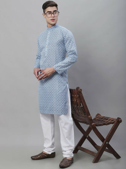 Blue Geometric Printed Cotton Linen Kurta for Men – Mandarin Collar, Knee Length, Regular Fit | Indiaista