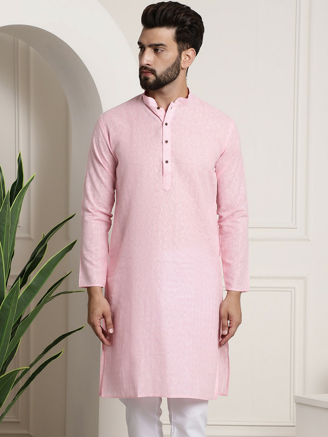 Men's Pink Dobby Cotton Kurta – Mandarin Collar, Woven Design, Knee-Length | Indiaista