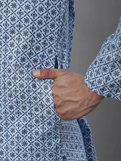 Blue Geometric Printed Cotton Linen Kurta for Men – Mandarin Collar, Knee Length, Regular Fit | Indiaista