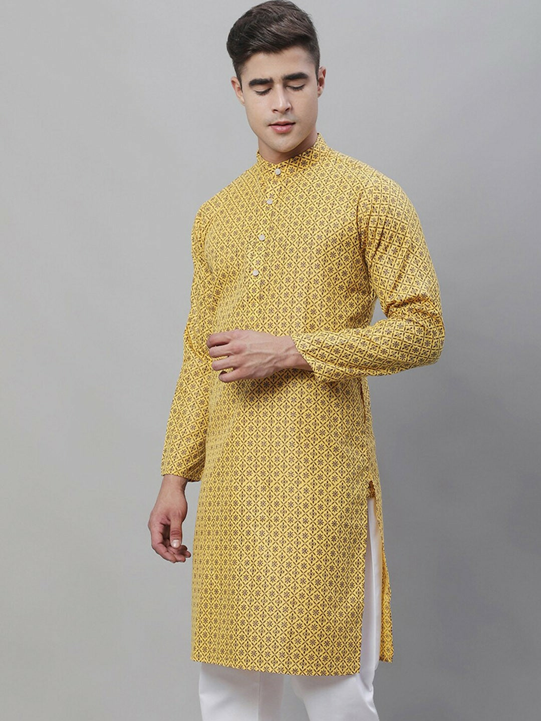 Men’s Mustard Yellow Geometric Printed Cotton Kurta – Mandarin Collar, Knee-Length, Regular Fit | Indiaista