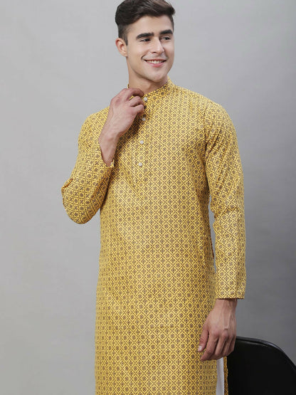 Men’s Mustard Yellow Geometric Printed Cotton Kurta – Mandarin Collar, Knee-Length, Regular Fit | Indiaista