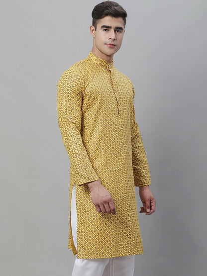 Men’s Mustard Yellow Geometric Printed Cotton Kurta – Mandarin Collar, Knee-Length, Regular Fit | Indiaista