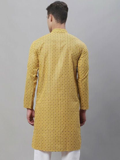 Men’s Mustard Yellow Geometric Printed Cotton Kurta – Mandarin Collar, Knee-Length, Regular Fit | Indiaista