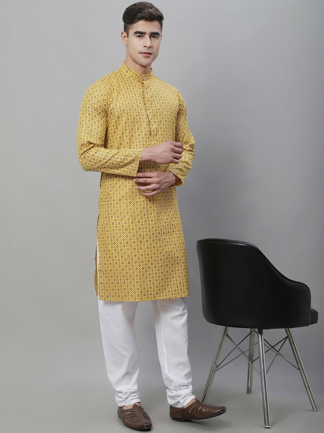 Men’s Mustard Yellow Geometric Printed Cotton Kurta – Mandarin Collar, Knee-Length, Regular Fit | Indiaista