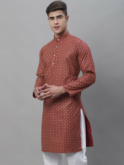 Maroon Floral Printed Cotton Linen Kurta for Men – Mandarin Collar, Knee-Length, Regular Fit | Indiaista