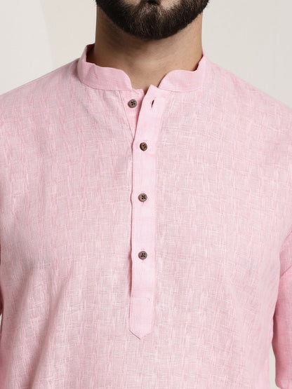 Men's Pink Dobby Cotton Kurta – Mandarin Collar, Woven Design, Knee-Length | Indiaista