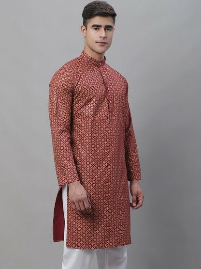 Maroon Floral Printed Cotton Linen Kurta for Men – Mandarin Collar, Knee-Length, Regular Fit | Indiaista