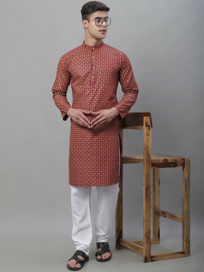 Maroon Floral Printed Cotton Linen Kurta for Men – Mandarin Collar, Knee-Length, Regular Fit | Indiaista