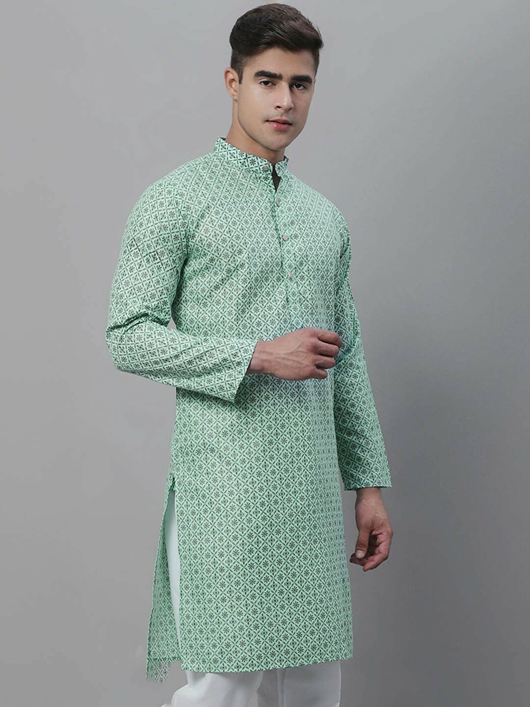 Sea Green Geometric Printed Men’s Kurta – Mandarin Collar, Knee Length, Cotton Linen | Indiaista