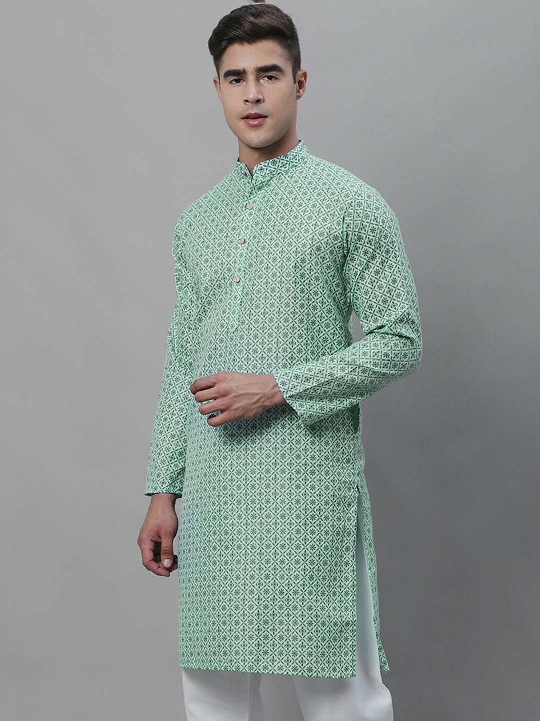 Sea Green Geometric Printed Men’s Kurta – Mandarin Collar, Knee Length, Cotton Linen | Indiaista