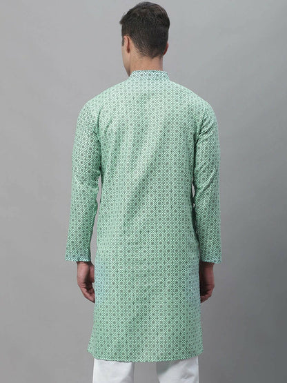 Sea Green Geometric Printed Men’s Kurta – Mandarin Collar, Knee Length, Cotton Linen | Indiaista