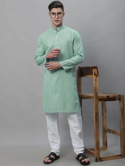 Sea Green Geometric Printed Men’s Kurta – Mandarin Collar, Knee Length, Cotton Linen | Indiaista