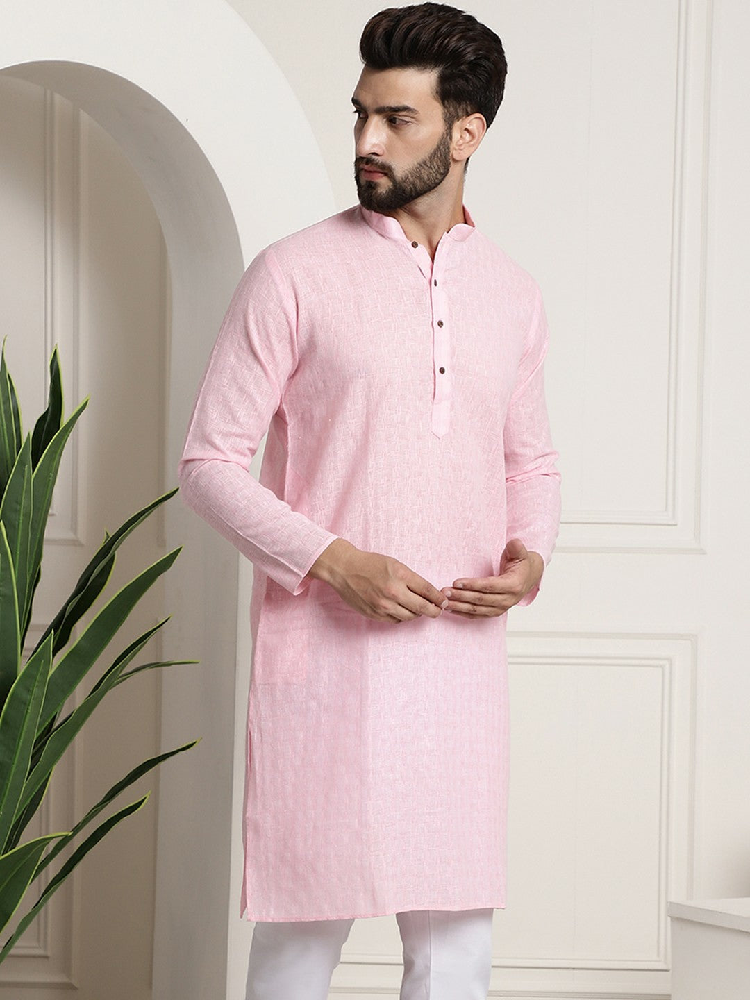 Men's Pink Dobby Cotton Kurta – Mandarin Collar, Woven Design, Knee-Length | Indiaista