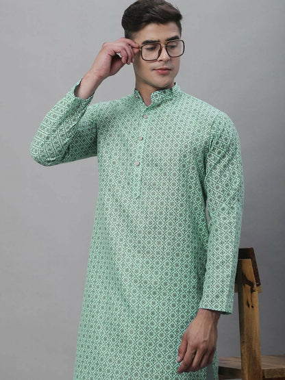 Sea Green Geometric Printed Men’s Kurta – Mandarin Collar, Knee Length, Cotton Linen | Indiaista