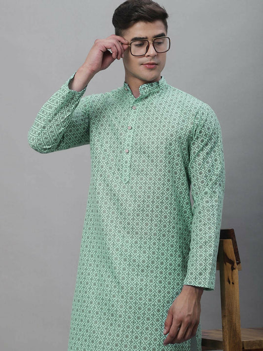 Sea Green Geometric Printed Men’s Kurta – Mandarin Collar, Knee Length, Cotton Linen | Indiaista