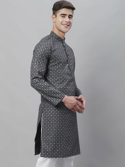 Men's Black & White Geometric Printed Cotton Linen Kurta – Mandarin Collar, Knee Length, Regular Fit | Indiaista