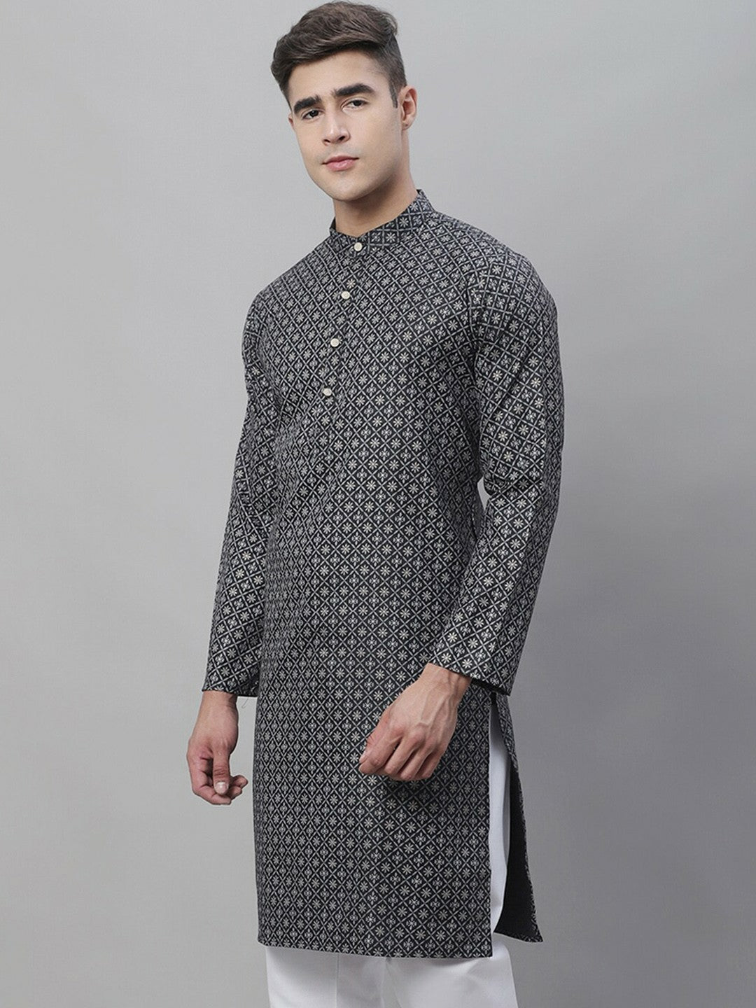 Men's Black & White Geometric Printed Cotton Linen Kurta – Mandarin Collar, Knee Length, Regular Fit | Indiaista