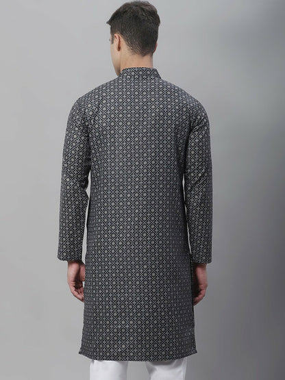 Men's Black & White Geometric Printed Cotton Linen Kurta – Mandarin Collar, Knee Length, Regular Fit | Indiaista