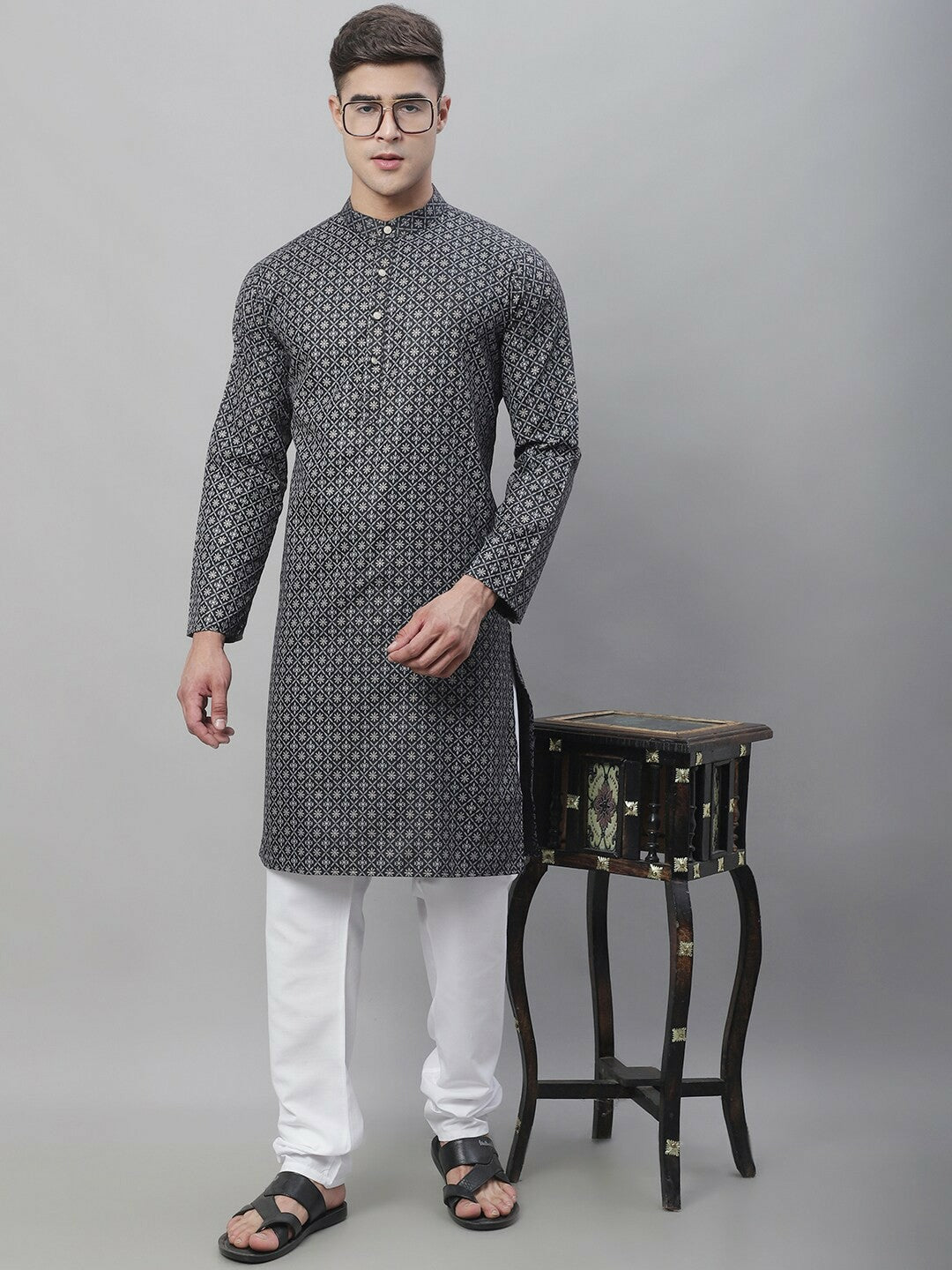 Men's Black & White Geometric Printed Cotton Linen Kurta – Mandarin Collar, Knee Length, Regular Fit | Indiaista