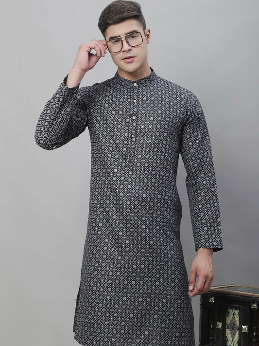 Men's Black & White Geometric Printed Cotton Linen Kurta – Mandarin Collar, Knee Length, Regular Fit | Indiaista