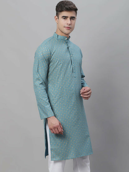 Teal Geometric Printed Cotton Linen Kurta for Men – Mandarin Collar, Knee-Length, Regular Fit | Indiaista