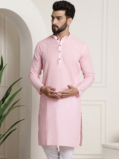 Men's Pink Dobby Cotton Kurta – Mandarin Collar, Woven Design, Knee-Length | Indiaista