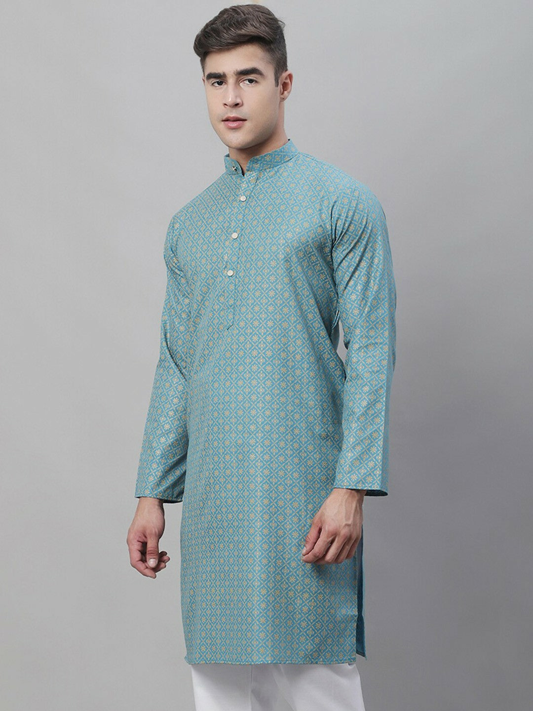 Teal Geometric Printed Cotton Linen Kurta for Men – Mandarin Collar, Knee-Length, Regular Fit | Indiaista