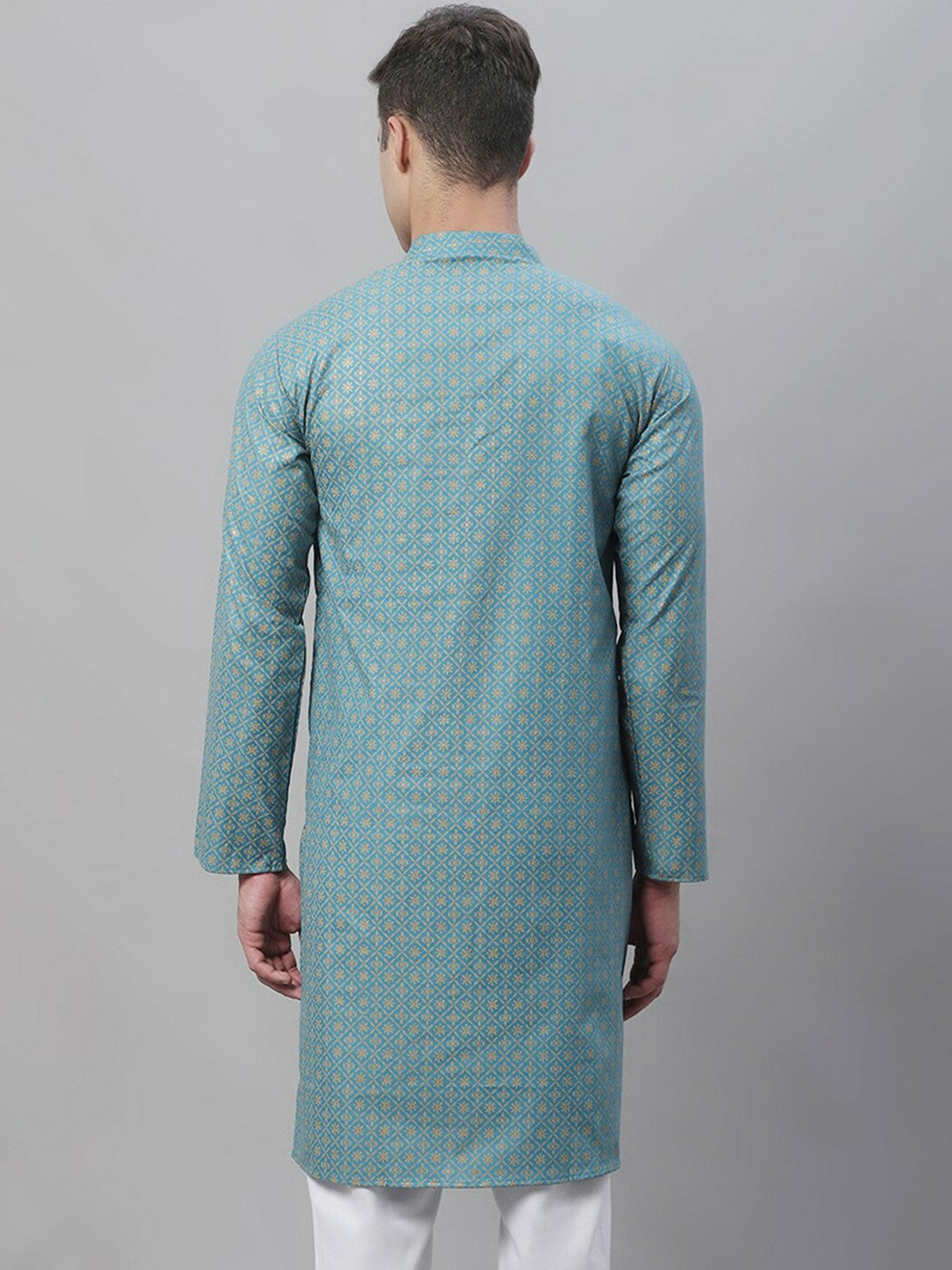 Teal Geometric Printed Cotton Linen Kurta for Men – Mandarin Collar, Knee-Length, Regular Fit | Indiaista