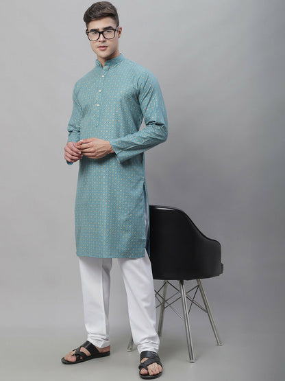 Teal Geometric Printed Cotton Linen Kurta for Men – Mandarin Collar, Knee-Length, Regular Fit | Indiaista