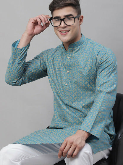 Teal Geometric Printed Cotton Linen Kurta for Men – Mandarin Collar, Knee-Length, Regular Fit | Indiaista