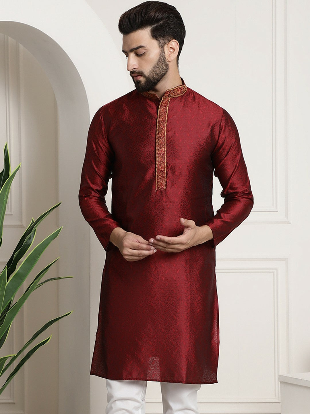 Men’s Red Embroidered Straight Kurta – Mandarin Collar, Long Sleeves, Side Slits | Indiaista