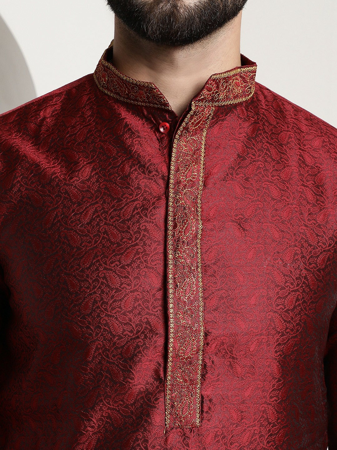 Men’s Red Embroidered Straight Kurta – Mandarin Collar, Long Sleeves, Side Slits | Indiaista