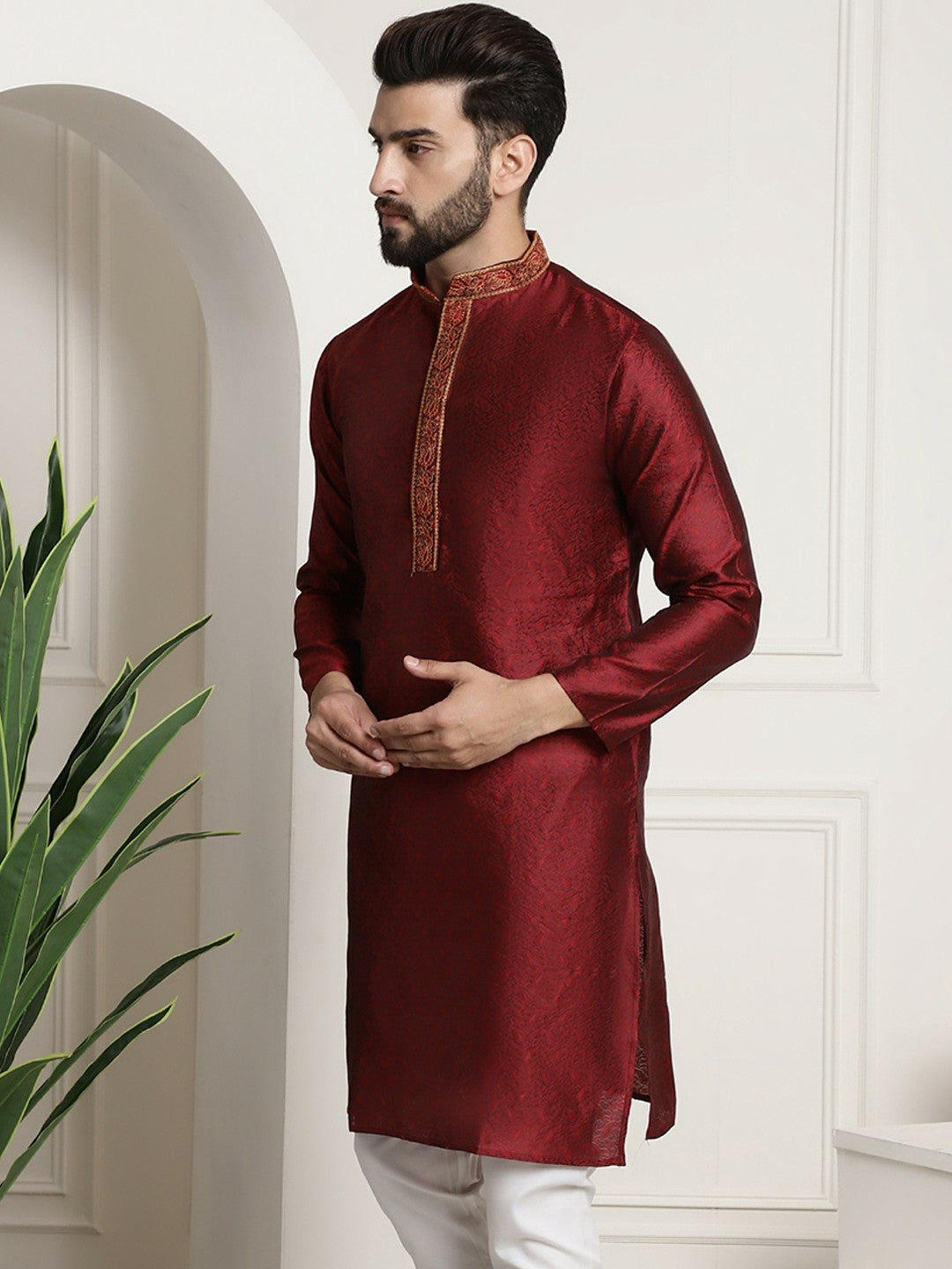 Men’s Red Embroidered Straight Kurta – Mandarin Collar, Long Sleeves, Side Slits | Indiaista