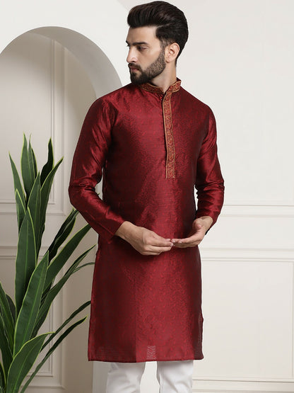 Men’s Red Embroidered Straight Kurta – Mandarin Collar, Long Sleeves, Side Slits | Indiaista