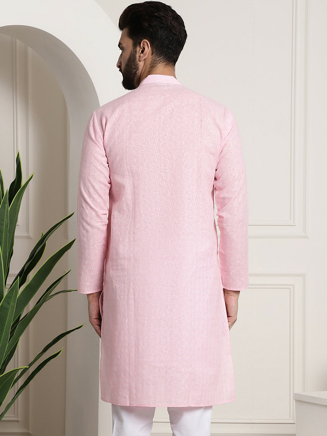 Men's Pink Dobby Cotton Kurta – Mandarin Collar, Woven Design, Knee-Length | Indiaista