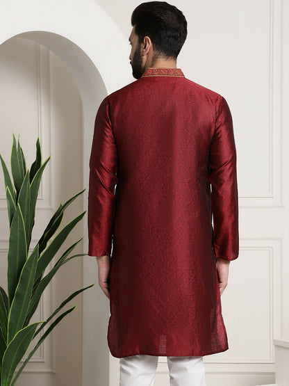 Men’s Red Embroidered Straight Kurta – Mandarin Collar, Long Sleeves, Side Slits | Indiaista