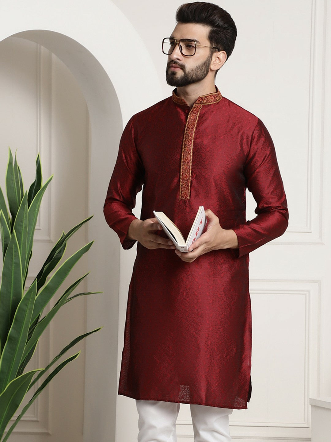 Men’s Red Embroidered Straight Kurta – Mandarin Collar, Long Sleeves, Side Slits | Indiaista