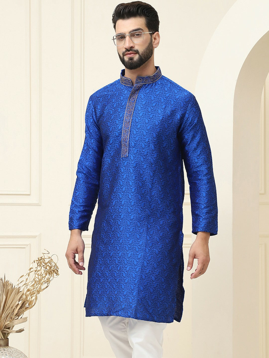 Men's Blue Embroidered Straight Kurta – Mandarin Collar, Long Sleeves, Side Slits | Indiaista