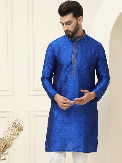 Men's Blue Embroidered Straight Kurta – Mandarin Collar, Long Sleeves, Side Slits | Indiaista