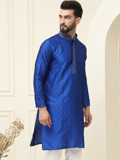 Men's Blue Embroidered Straight Kurta – Mandarin Collar, Long Sleeves, Side Slits | Indiaista