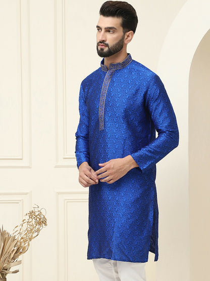 Men's Blue Embroidered Straight Kurta – Mandarin Collar, Long Sleeves, Side Slits | Indiaista