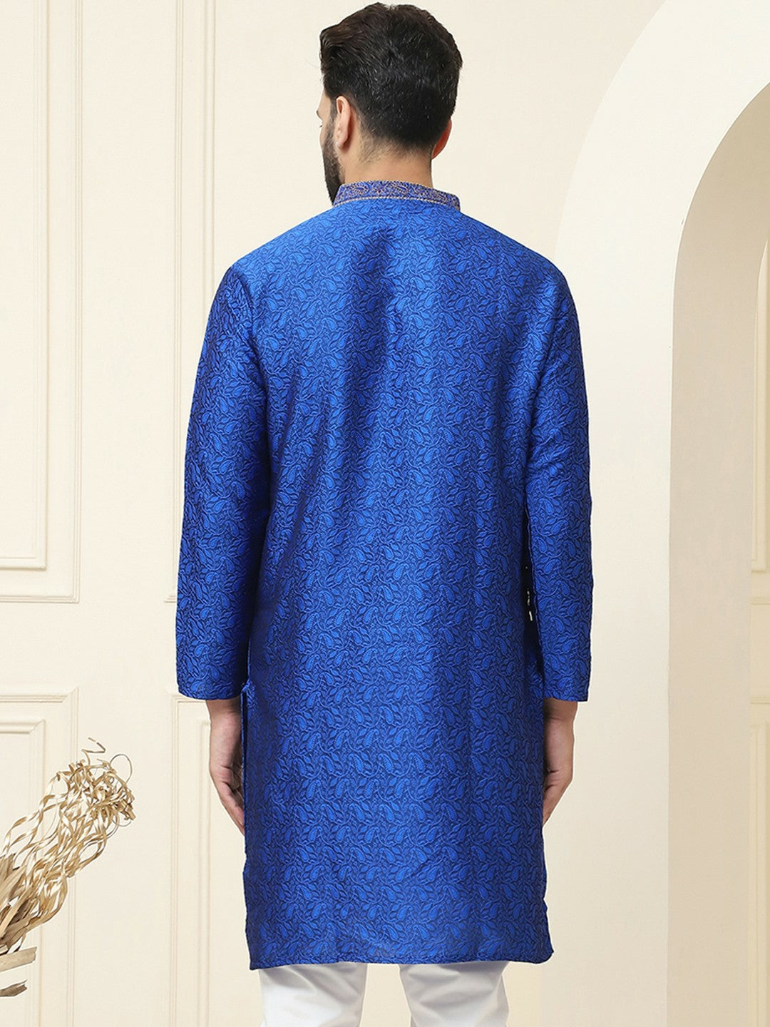 Men's Blue Embroidered Straight Kurta – Mandarin Collar, Long Sleeves, Side Slits | Indiaista