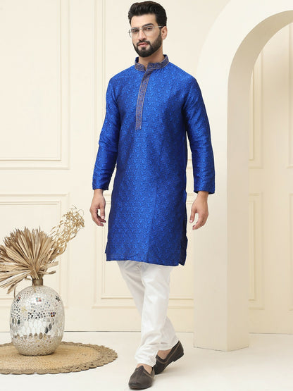 Men's Blue Embroidered Straight Kurta – Mandarin Collar, Long Sleeves, Side Slits | Indiaista