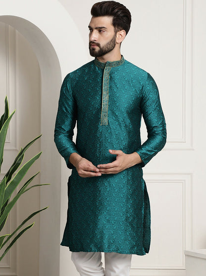 Men's Teal Green Embroidered Straight Kurta – Mandarin Collar, Long Sleeves, Traditional Ethnic Wear | Indiaista