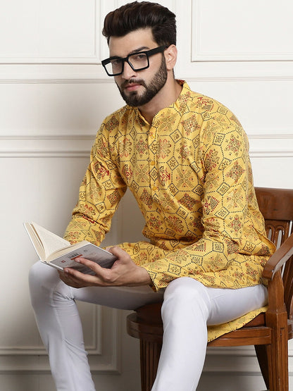 Yellow Ethnic Motifs Printed Men’s Kurta – Mandarin Collar, Cotton Linen, Knee Length | Indiaista