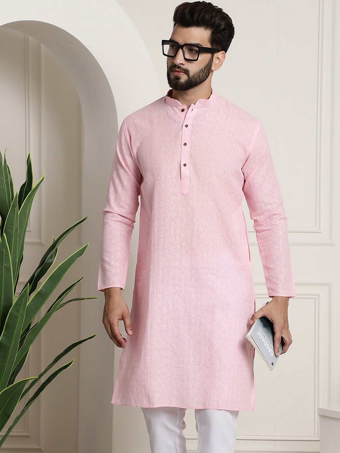 Men's Pink Dobby Cotton Kurta – Mandarin Collar, Woven Design, Knee-Length | Indiaista