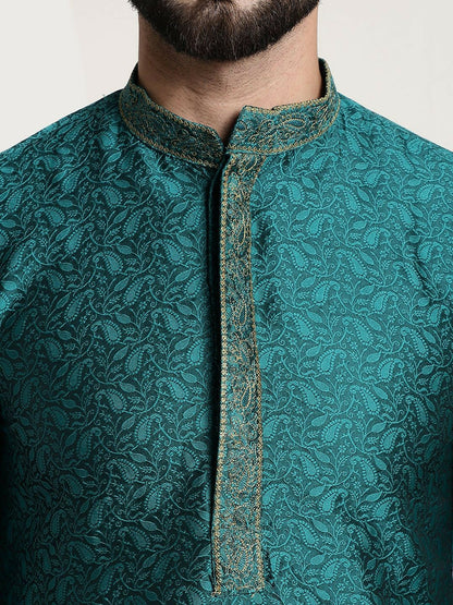 Men's Teal Green Embroidered Straight Kurta – Mandarin Collar, Long Sleeves, Traditional Ethnic Wear | Indiaista